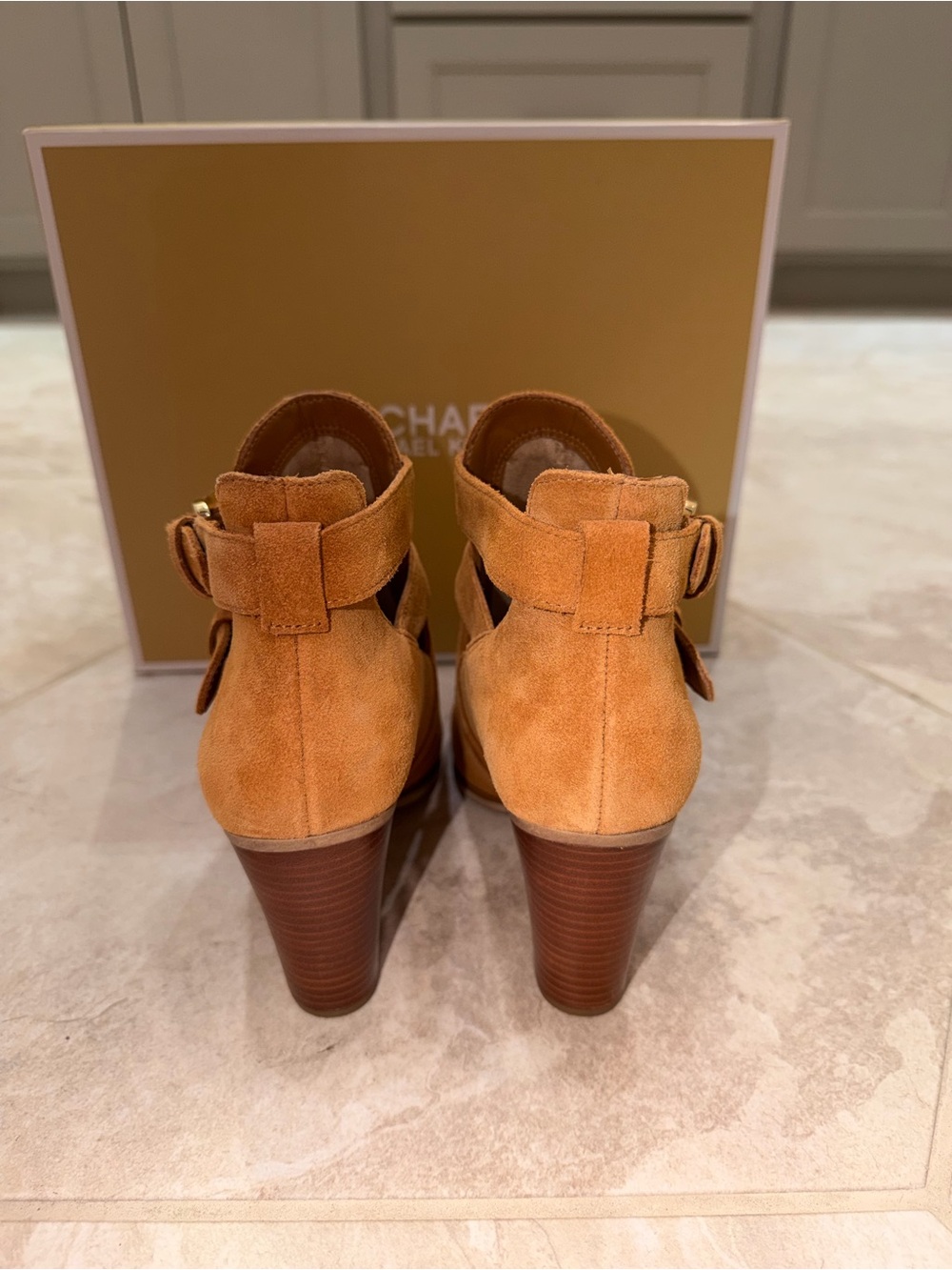 Michael Kors Suede Ankle Booties in Acorn Brown with Gold Buckles - Picture 7 of 7